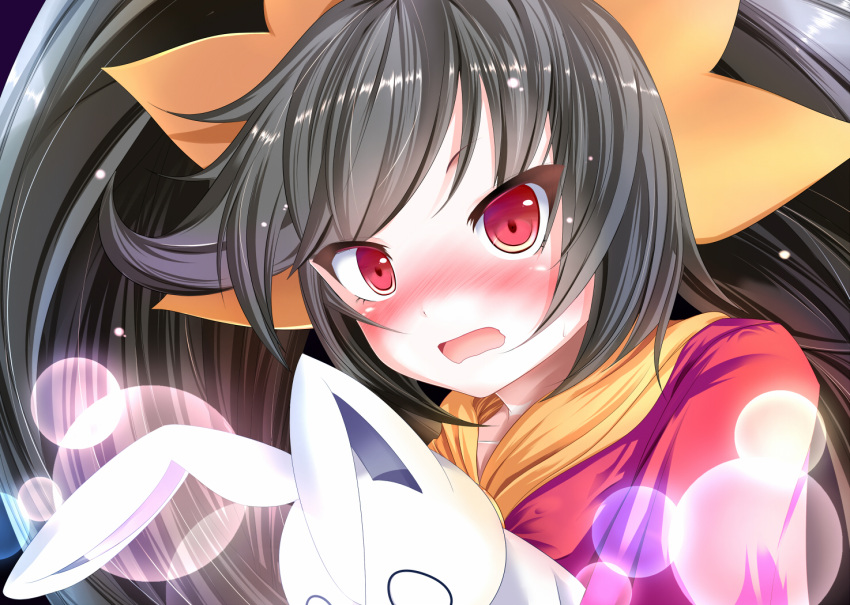 1girl ashley_(warioware) bangs big_hair black_hair blush commentary_request dress embarrassed hairband holding holding_stuffed_animal light_particles long_hair long_sleeves looking_at_viewer maritchi neckerchief nose_blush open_mouth orange_hairband orange_neckerchief red_dress red_eyes solo stuffed_animal stuffed_bunny stuffed_toy sweat twintails upper_body warioware wavy_mouth
