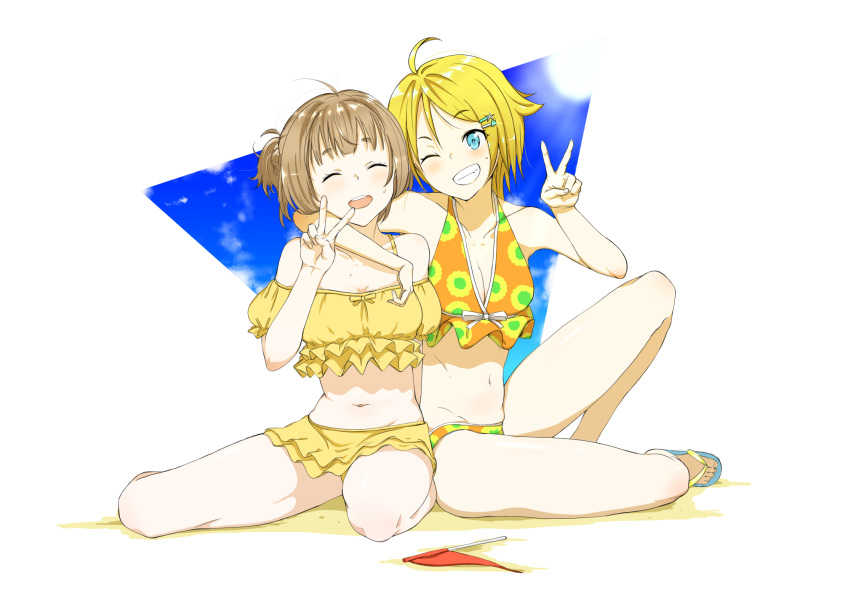 2girls ;) ^_^ ahoge arm_around_neck bangs bare_shoulders bikini blonde_hair blue_eyes blue_sky blush bouen braid breasts brown_hair closed_eyes clouds cloudy_sky collarbone day eyebrows_visible_through_hair facing_viewer flag flip-flops french_braid frilled_bikini frills grin hair_flaps hair_ornament hairclip hand_up highres knee_up light_rays looking_at_another multiple_girls navel nonohara_hime one_eye_closed one_side_up open_mouth sandals short_hair sitting sky small_breasts smile sunbeam sunlight swimsuit teeth thighs tokyo_7th_sisters tsunomori_rona v