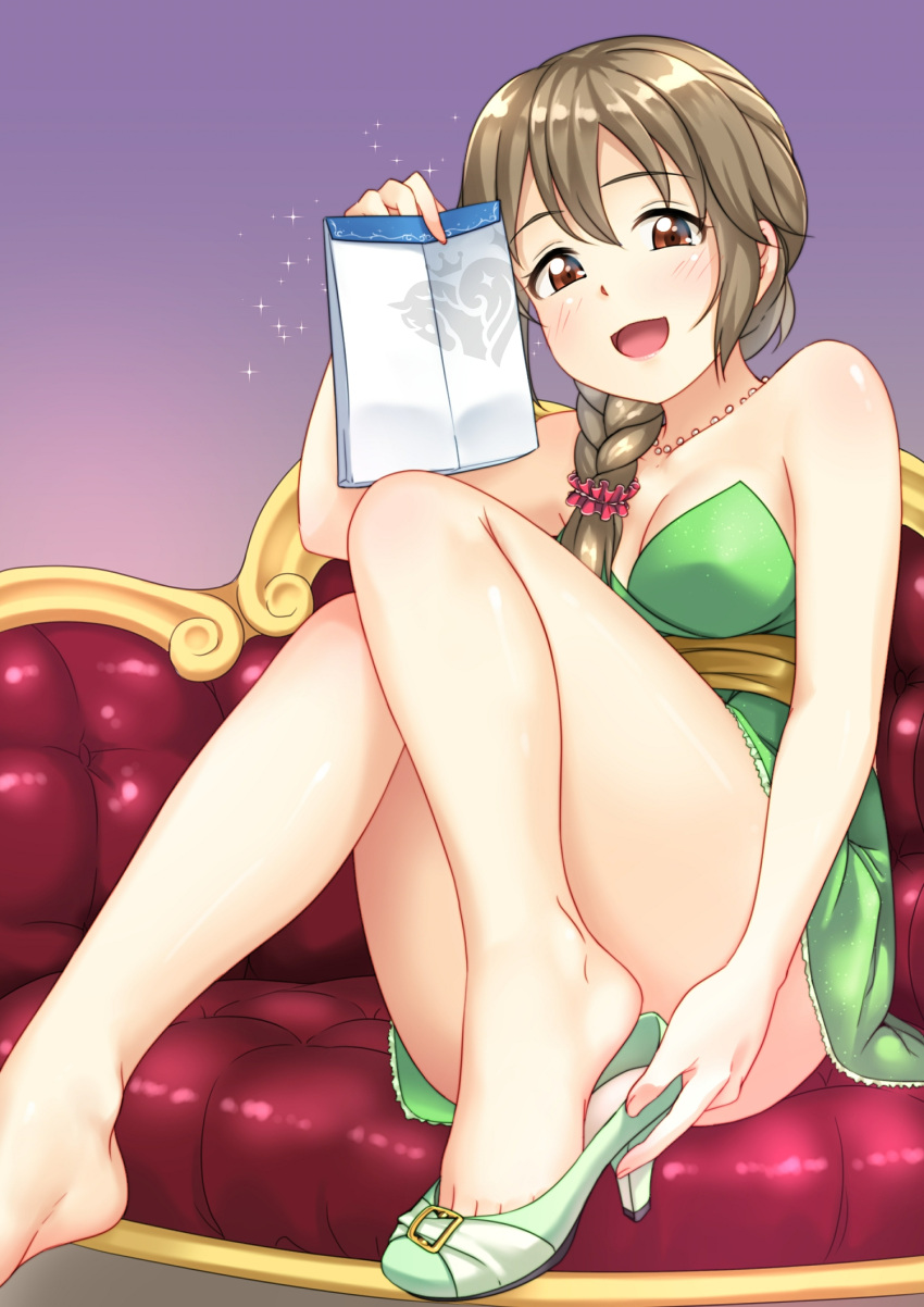 1girl bare_shoulders blush braid breasts brown_eyes brown_hair cleavage couch dress envelope highres idolmaster idolmaster_cinderella_girls idolmaster_cinderella_girls_starlight_stage jakelian jewelry long_hair looking_at_viewer necklace open_mouth removing_shoes senkawa_chihiro single_braid sitting smile solo strapless strapless_dress