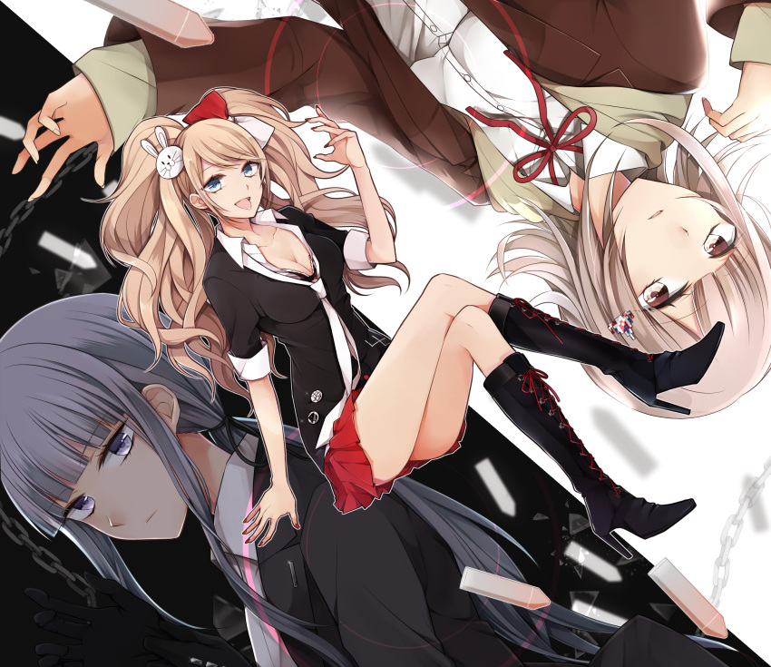 3girls :d absurdres arm_support black_boots black_bra black_gloves black_jacket black_ribbon blue_eyes boots bow bra breasts brown_eyes brown_jacket bullet bunny_hair_ornament chains cleavage dangan_ronpa dress_shirt enoshima_junko eyebrows_visible_through_hair formal gloves hair_bow hair_ornament hair_ribbon haru_(haru2079) high_heel_boots high_heels highres jacket kirigiri_kyouko knee_boots light_brown_hair long_hair looking_at_viewer medium_breasts miniskirt multiple_girls nail_polish nanami_chiaki neck_ribbon necktie open_mouth parted_lips pleated_skirt red_nails red_ribbon red_skirt ribbon shirt short_hair silver_hair sitting skirt smile twintails underwear very_long_hair violet_eyes white_necktie white_shirt