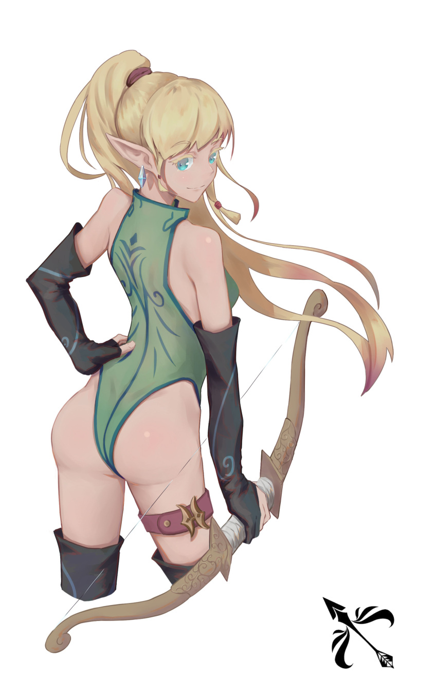 1girl absurdres archer_(dragon_nest) arm_at_side ass black_gloves blonde_hair blue_eyes bow_(weapon) breasts closed_mouth cropped_legs dragon_nest elf eyebrows_visible_through_hair from_behind gloves green_leotard hand_on_hip high_ponytail highres leotard light_smile long_hair long_pointy_ears medium_breasts partly_fingerless_gloves pointy_ears solo thigh-highs thigh_strap very_long_hair weapon white_background yashi_kano_ko