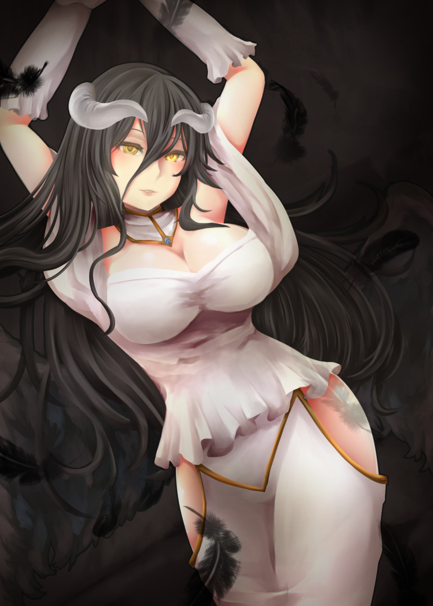 1girl albedo arms_up black_hair black_wings breasts cleavage demon_girl demon_horns detached_collar dress elbow_gloves feathered_wings feathers gloves hair_between_eyes highres hip_vent horns large_breasts long_hair looking_at_viewer overlord_(maruyama) ryoka_(illust_ryoka) shawl solo very_long_hair white_dress white_gloves wings yellow_eyes