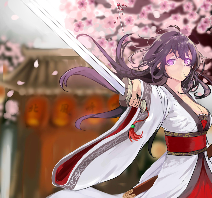 1girl ahoge beifeng_han black_hair breasts cherry_blossoms chinese_clothes cleavage hair_ornament hairpin highres long_hair miyaura_sanshio original scabbard sheath solo violet_eyes