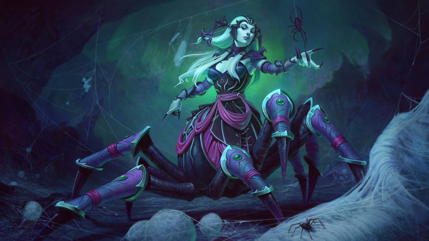 1girl aqua_hair aqua_skin arachne_(smite) center_opening claws full_body highres insect_girl long_hair monster_girl official_art silk smite solo spider spider_girl spider_legs spider_web