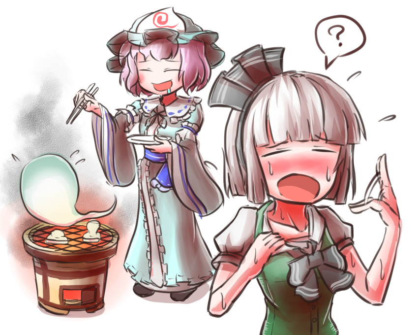 2girls ? blush bow chopsticks drooling flying_sweatdrops hair_bow highres hot konpaku_youmu konpaku_youmu_(ghost) mouth multiple_girls open peroponesosu. pink_hair plate saliva sweat sweatdrop sweating tagme touhou white_background white_hair