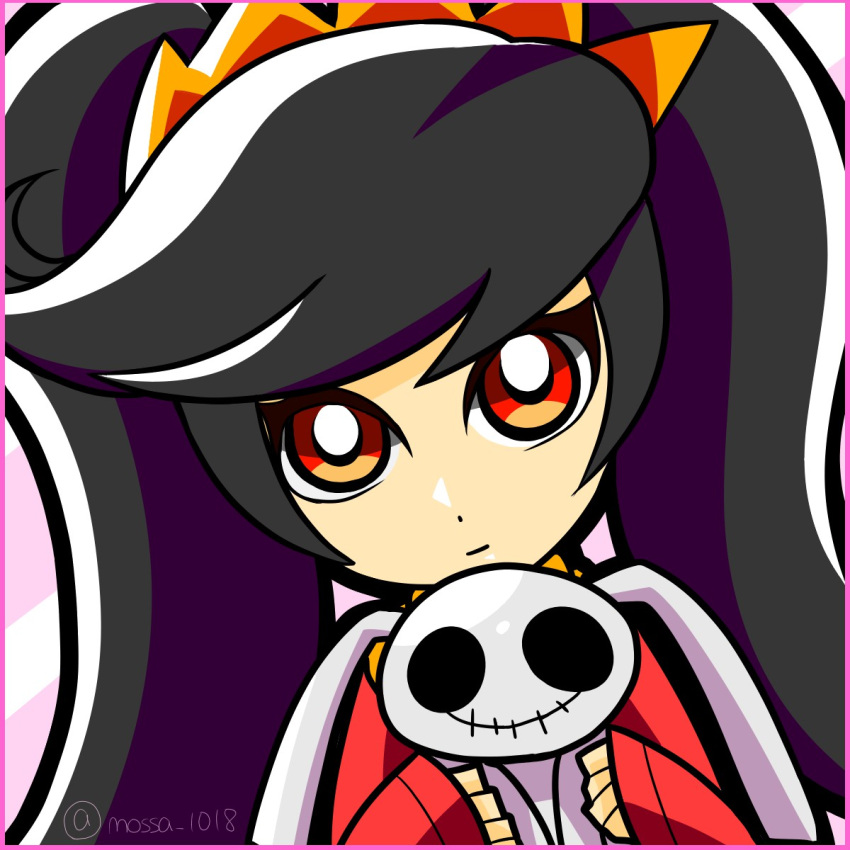 1girl ashley_(warioware) bangs big_hair black_hair bright_pupils closed_mouth commentary_request dutch_angle hairband highres holding holding_stuffed_animal long_hair looking_at_viewer mossa multicolored_hair orange_hairband pink_border red_eyes sleeves_past_wrists solo stuffed_animal stuffed_bunny stuffed_toy twintails twitter_username two-tone_hair upper_body warioware wide_sleeves