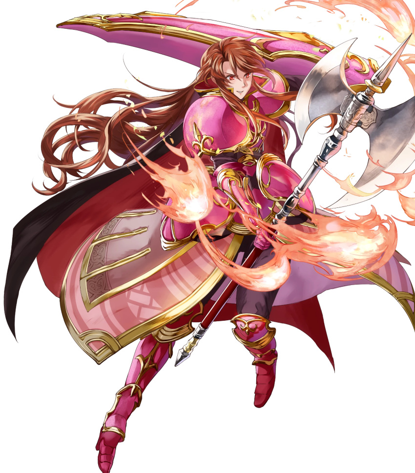armor armored_boots boots brown_hair fire fire_emblem fire_emblem:_mystery_of_the_emblem fire_emblem:_shin_monshou_no_nazo fire_emblem_heroes full_body gloves highres knee_boots long_hair mayo_(becky2006) official_art pink_boots red_eyes sheema shield solo teeth transparent_background very_long_hair