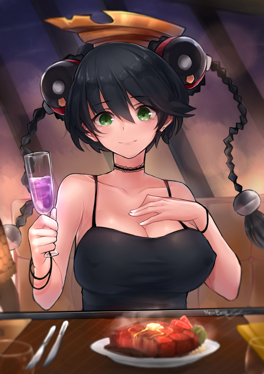 1girl absurdres ar_tonelico bangs black_hair black_shirt bracelet breasts choker cleavage closed_mouth collarbone commentary cup drinking_glass erect_nipples eyebrows_visible_through_hair food fork green_eyes hair_between_eyes hand_on_own_chest hat highres holding holding_drinking_glass jewelry knife large_breasts long_hair looking_at_viewer misha_arsellec_lune neonbeat plate shirt signature smile solo steak table