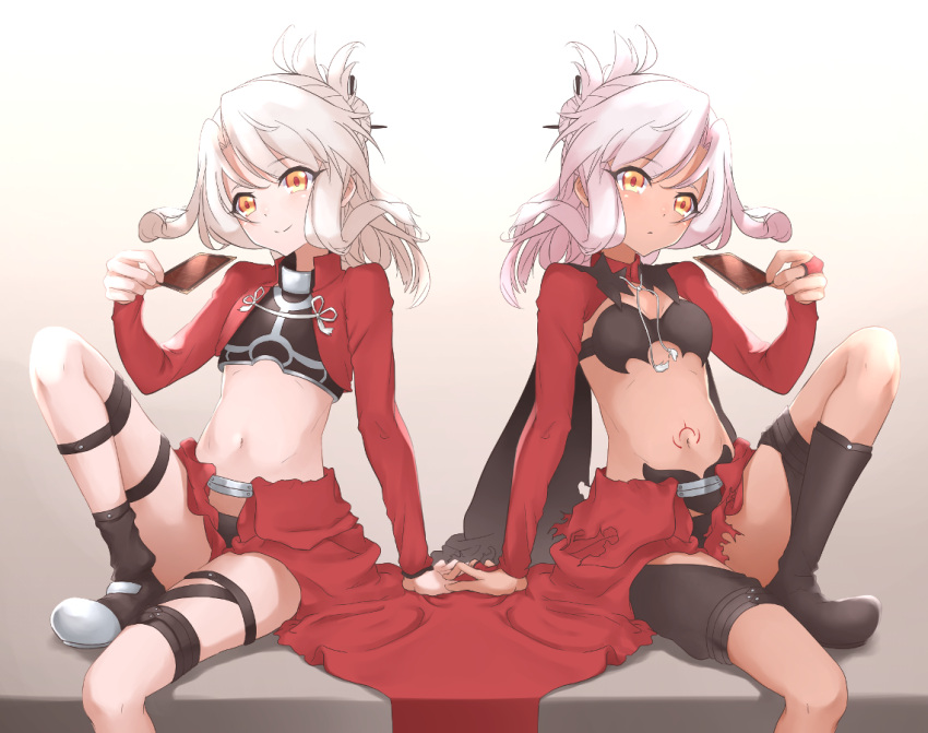 2girls archer archer_(cosplay) arm_support black_panties card chloe_von_einzbern cosplay crop_top fate/kaleid_liner_prisma_illya fate_(series) hair_ornament head_tilt hechi_(hechi322) holding holding_card illyasviel_von_einzbern long_hair midriff multiple_girls navel orange_eyes panties pink_hair silver_hair sitting smile stomach tattoo thigh_strap underwear