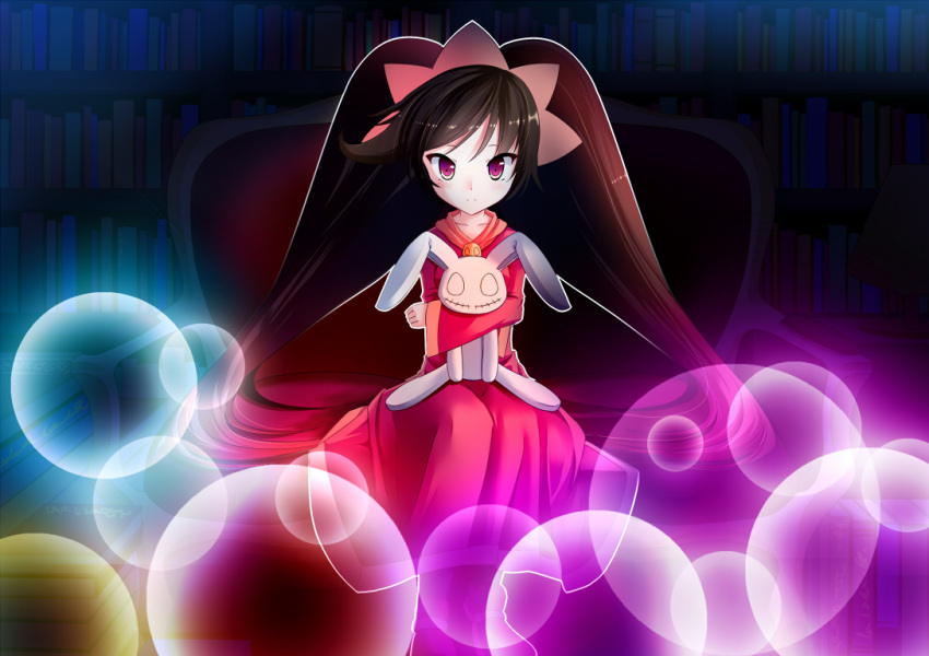 1girl ashley_(warioware) bangs big_hair black_hair black_legwear blush book_stack bookshelf closed_mouth collarbone couch dress hairband indoors lamp light_particles long_hair long_sleeves looking_at_viewer maritchi night object_hug orange_hairband pantyhose red_dress red_eyes shoes sitting solo stuffed_animal stuffed_bunny stuffed_toy twintails very_long_hair warioware wide_sleeves