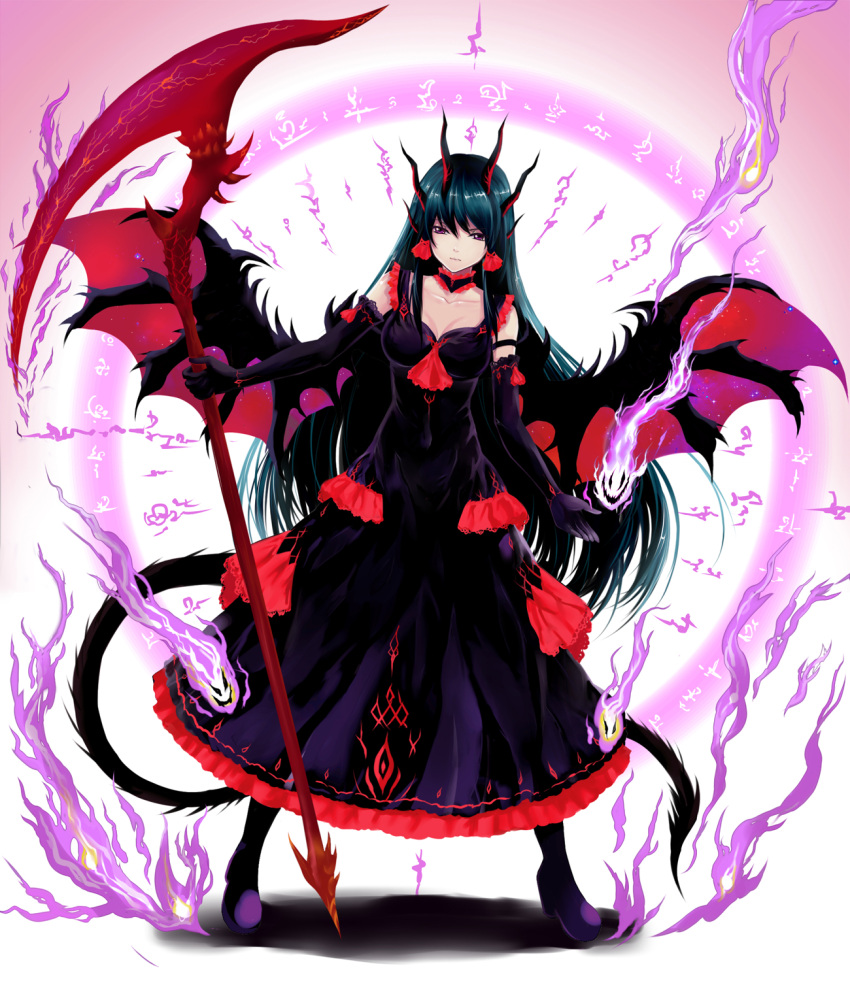 1girl bare_shoulders black_hair breasts choker cleavage dragon_wings dress dutch_angle elbow_gloves fantasy fengya gloves gothic_lolita high_heels highres horns lace-trimmed_choker lolita_fashion magic_circle magical_girl medium_breasts original scythe tail violet_eyes wings