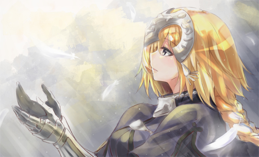 1girl armor blonde_hair blush braid breasts eyebrows_visible_through_hair fate/apocrypha fate/grand_order fate_(series) from_side fuu_(fuore) grey_eyes headpiece highres large_breasts long_hair looking_away parted_lips ruler_(fate/apocrypha) smile solo upper_body