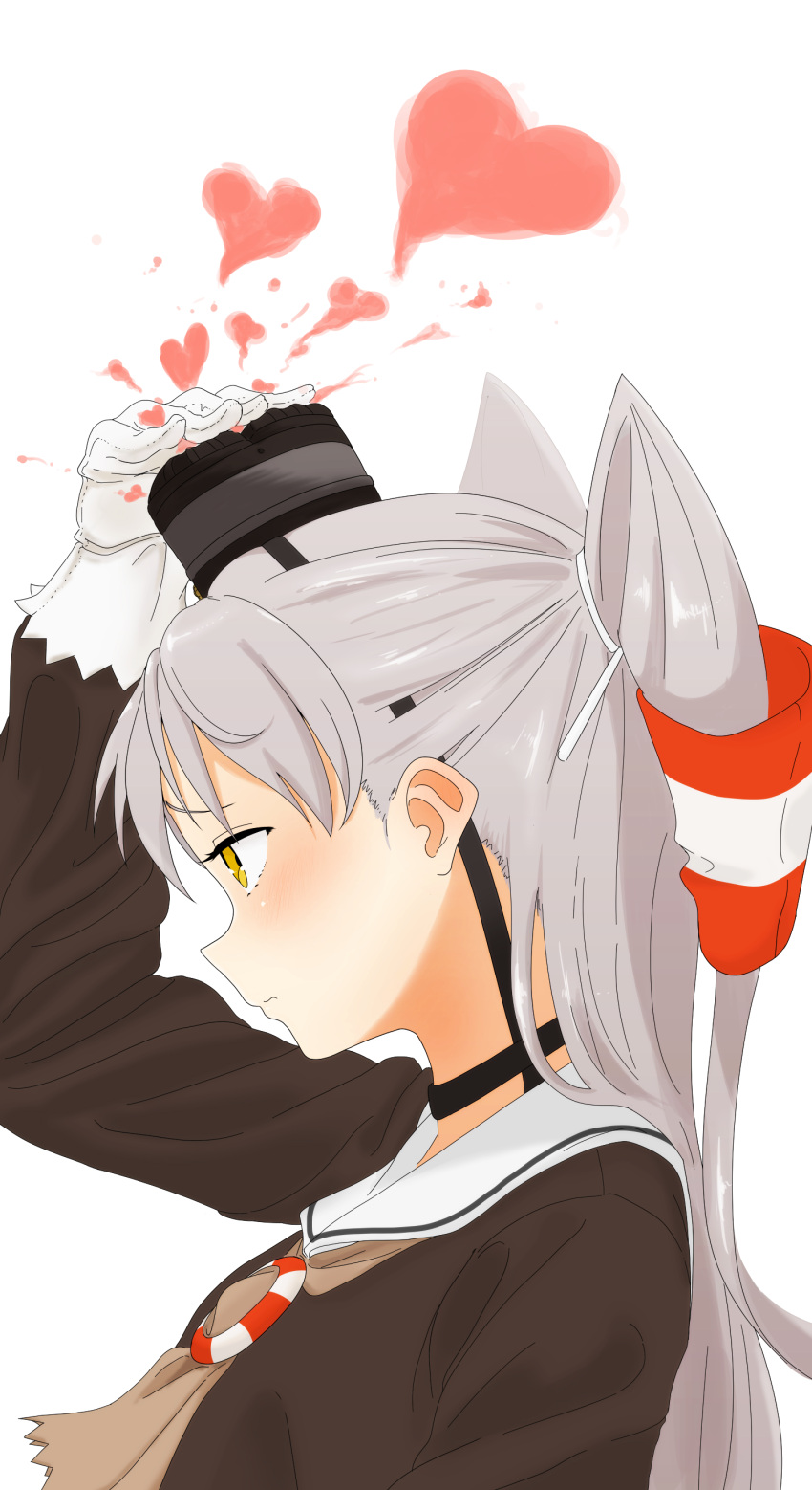 1girl absurdres amatsukaze_(kantai_collection) arm_up bangs black_dress blush bouen closed_mouth dress eyebrows_visible_through_hair from_side gloves grey_hair hair_tubes hand_on_headwear hat heart highres innertube kantai_collection long_hair long_sleeves mini_hat profile sailor_dress silver_hair simple_background smokestack solo two_side_up upper_body white_background white_gloves yellow_eyes