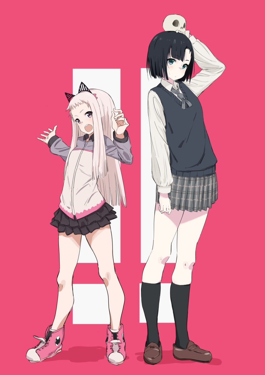 !! &gt;:o 2girls :o absurdres animal_ears black_hair black_legwear black_skirt blue_eyes bob_cut bouen brown_shoes cat_ears character_request collared_shirt converse copyright_request grey_hair grey_skirt hands_up highres jacket kneehighs legs_apart loafers long_hair long_sleeves multiple_girls open_mouth pink_background pink_shoes plaid plaid_skirt pleated_skirt school_uniform shirt shoes short_hair simple_background skirt sneakers sweater_vest teeth track_jacket two-tone_background violet_eyes white_shirt