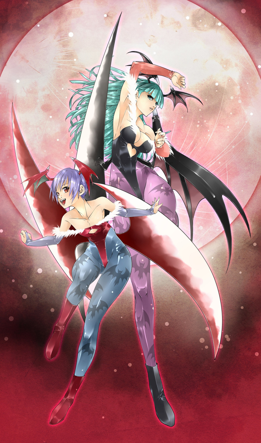 2girls absurdres animal_print ankle_boots attack bangs bare_shoulders bat_print black_boots blade_wings blue_legwear blunt_bangs boots breasts cai-man capcom cleavage cleavage_cutout demon_wings detached_sleeves elbow_gloves fingernails flat_chest fur_trim gloves green_eyes green_hair head_wings highres large_breasts leotard lilith_aensland long_hair looking_at_viewer lunar_background moon morrigan_aensland multiple_girls open_mouth parted_lips purple_hair purple_legwear red_boots red_eyes red_moon short_hair siblings sisters talons vampire_(game) wings