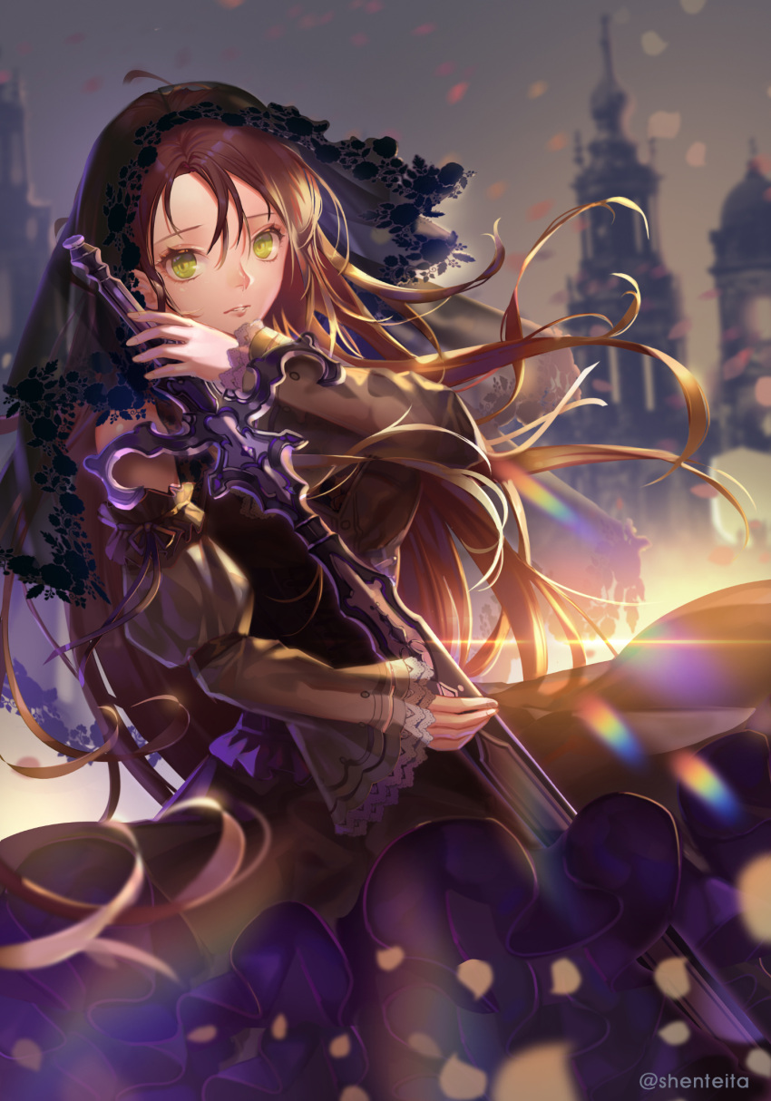 1girl black_dress blurry blurry_background brown_hair detached_sleeves dress fantasy highres holding holding_sword holding_weapon lens_flare long_hair original puffy_sleeves shenteita solo standing sword twitter_username veil very_long_hair weapon yellow_eyes