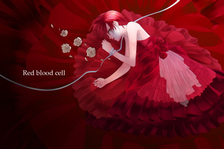 1girl ae-3803 bare_shoulders bou_(maimoca501) dress flower hataraku_saibou lying on_side red red_blood_cell red_dress rose solo