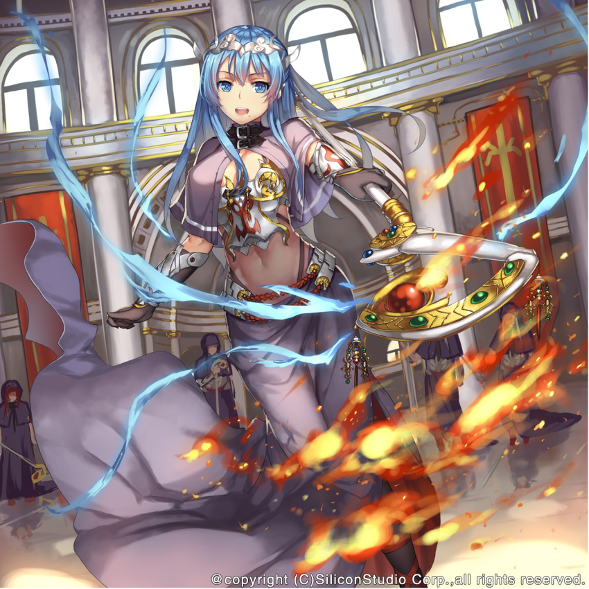 1girl bangs blue_eyes blue_hair breasts brown_gloves column commentary_request copyright_request elbow_gloves eyebrows_visible_through_hair fire gloves highres holding holding_staff indoors large_breasts long_hair looking_at_viewer magic midriff mole mole_under_mouth navel open_mouth pillar robe smile solo_focus staff standing tiara watermark weiyinji_xsk