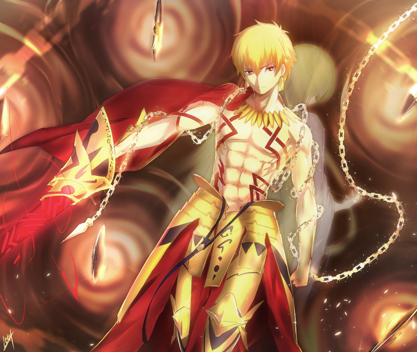 2boys abs armor back-to-back bangs bare_chest blonde_hair cape chains clenched_hand commentary_request ea_(fate/stay_night) earrings enkidu_(fate/strange_fake) fate/stay_night fate/strange_fake fate_(series) faulds gate_of_babylon gilgamesh gold_armor green_hair highres holding holding_weapon jewelry long_hair looking_at_viewer male_focus multiple_boys muscle necklace red_cape red_eyes reluvy shirtless tattoo weapon