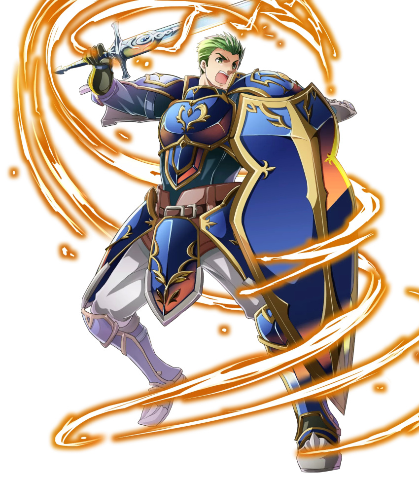 1boy armor armored_boots boots draug_(fire_emblem) electricity fire_emblem fire_emblem:_mystery_of_the_emblem fire_emblem_heroes full_body gloves green_eyes green_hair highres itagaki_hako male_focus official_art open_mouth shield solo sword teeth transparent_background weapon