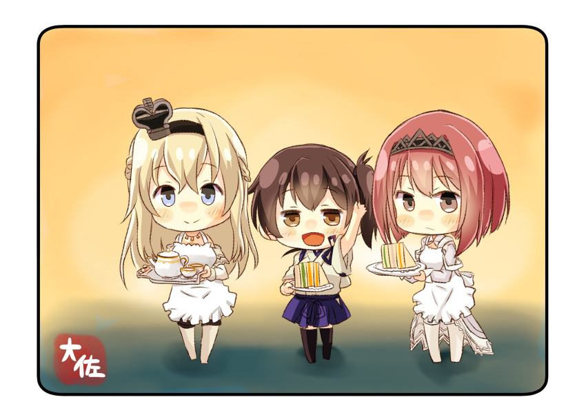 3girls apron ark_royal_(kantai_collection) artist_name black_legwear blonde_hair blue_eyes blue_skirt bob_cut braid brown_eyes brown_hair chibi commentary_request crown cup dress food french_braid frilled_apron frills hairband hakama_skirt highres japanese_clothes kaga_(kantai_collection) kantai_collection long_hair mini_crown multiple_girls off-shoulder_dress off_shoulder open_mouth red_eyes redhead sandwich short_hair side_ponytail skirt smile standing taisa_(kari) tasuki tea_set teacup teapot thigh-highs warspite_(kantai_collection) waving white_apron