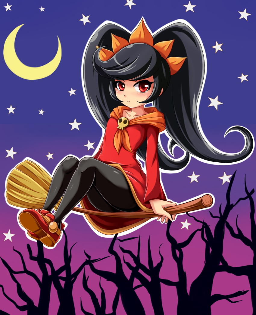 1girl ashley_(warioware) bangs big_hair black_hair black_legwear blush broom broom_riding closed_mouth collarbone crescent_moon dress flat_chest full_body gradient gradient_background hairband halloween highres long_hair long_sleeves moon neckerchief orange_hairband orange_neckerchief outline pantyhose red_dress red_eyes red_shoes shoes sidesaddle sigurd_hosenfeld skull solo star tree two-tone_background upskirt very_long_hair warioware white_outline