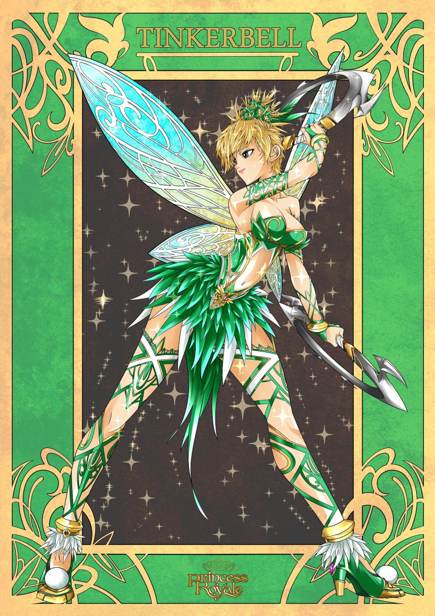 1girl adapted_costume anklet armlet art_nouveau blonde_hair blue_eyes border bracelet breasts bridal_gauntlets cai-man chakram character_name cleavage contrapposto fairy fairy_wings hair_bun high_heels highres jewelry leaning_forward lips navel peter_pan pointy_hair princess_royale solo sparkle tinker_bell_(disney) weapon wings