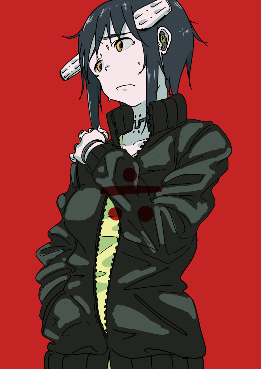1girl bangs black_hair black_jacket bouen brown_eyes closed_mouth cyborg earpiece eyebrows_visible_through_hair frown hand_in_pocket hand_up headgear highres jacket kinu_roku looking_to_the_side mechanical_arm red_background roku_(kinu_roku) shirt short_hair_with_long_locks sidelocks simple_background solo tareme unzipped upper_body yellow_shirt