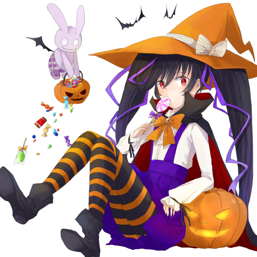 1girl ashley_(warioware) bangs bat bat_wings black_boots black_cloak black_hair boots bow bowtie candy chocolate_bar cloak commentary_request eating flat_chest flying food full_body hair_between_eyes hair_ribbon halloween hat hat_ribbon highres holding holding_food jack-o'-lantern koppa_ippuku lollipop long_hair long_sleeves orange_bow orange_bowtie orange_hat purple_ribbon purple_skirt red_eyes ribbon shirt simple_background sitting skirt solo striped striped_legwear striped_ribbon stuffed_animal stuffed_bunny stuffed_toy suspender_skirt suspenders twintails very_long_hair warioware white_background white_ribbon white_shirt wings witch_hat