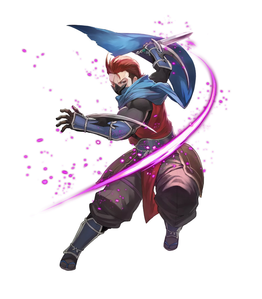 1boy dagger fire_emblem fire_emblem_heroes fire_emblem_if full_body highres lack male_focus mask official_art one_eye_closed red_eyes redhead saizou_(fire_emblem_if) sandals scar scarf solo transparent_background weapon