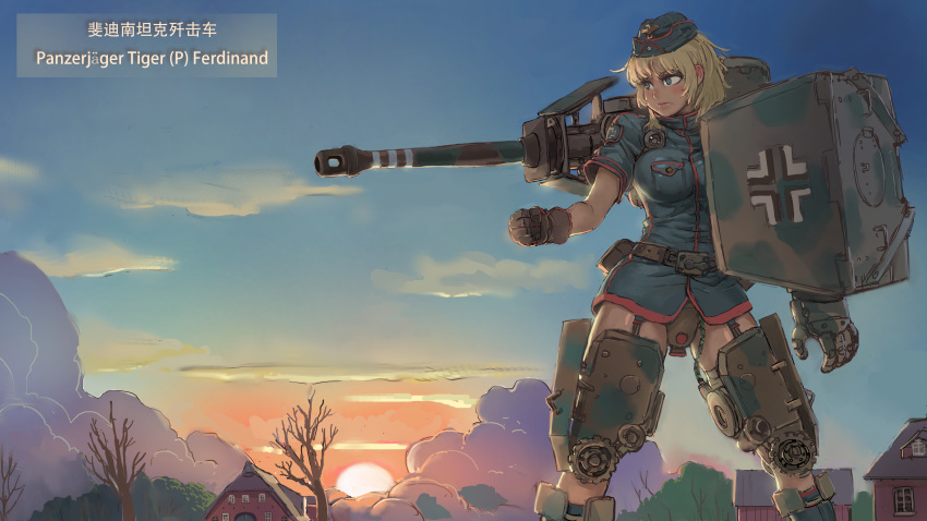 absurdres blonde_hair blue_eyes breasts character_name clouds commentary_request elefant erebus_(artist) garrison_cap ground_vehicle hat highres house iron_cross large_breasts mecha_musume military military_vehicle motor_vehicle no_pants original panties short_hair sky sunset tank translation_request underwear