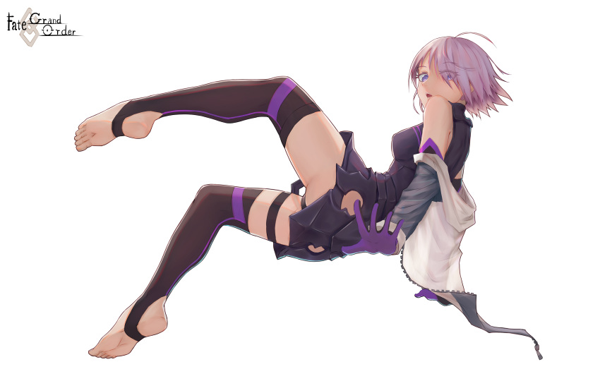 1girl absurdres ahoge armor ass black_legwear breasts copyright_name eyebrows_visible_through_hair eyes_visible_through_hair fate/grand_order fate_(series) from_side full_body hair_over_one_eye highres jacket lavender_hair looking_at_viewer medium_breasts open_clothes open_jacket open_mouth shielder_(fate/grand_order) short_hair solo stirrup_thighhighs violet_eyes yashi_kano_ko