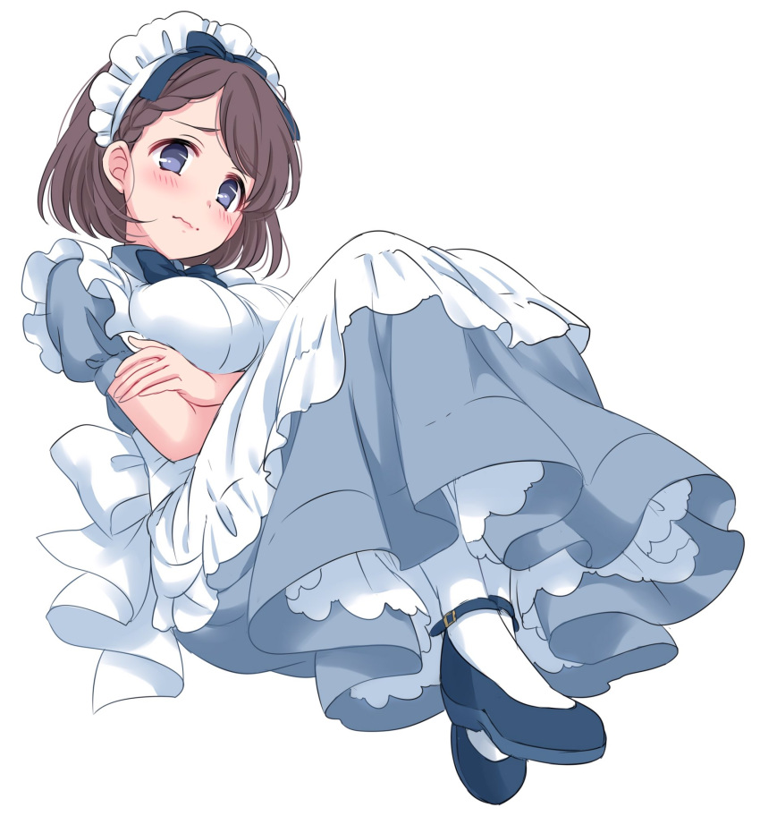 1girl apron bangs blue_eyes blue_shoes blush breast_squeeze breasts brown_hair character_request closed_mouth copyright_request crossed_arms dress empty_eyes eyebrows_visible_through_hair frilled_dress frills full_body highres large_breasts looking_at_viewer maid maid_apron maid_headdress pantyhose puffy_short_sleeves puffy_sleeves ribbon sekina shoes short_sleeves simple_background solo wavy_mouth white_background white_legwear white_ribbon
