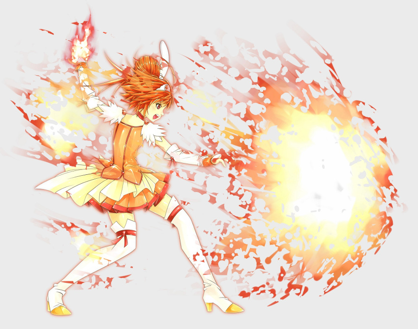 1girl attack bike_shorts boots cai-man choker cure_sunny elbow_gloves fire fireball flame gloves grey_background hair_bun high_heel_boots high_heels highres hino_akane_(smile_precure!) holding_flame kusanagi_kyou long_hair orange_eyes orange_hair orochinagi_(attack) precure red_ribbon ribbon shorts_under_skirt simple_background smile_precure! solo the_king_of_fighters thigh-highs thigh_boots tiara trait_connection white_boots