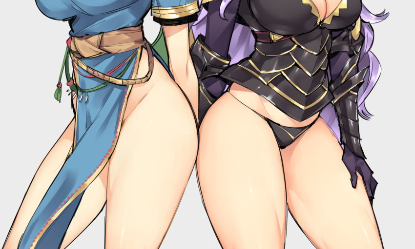 2girls armor ass-to-ass breasts camilla_(fire_emblem_if) china_dress chinese_clothes cleavage dress fire_emblem fire_emblem:_rekka_no_ken fire_emblem_heroes fire_emblem_if gebyy-terar highres long_hair long_sleeves lyndis_(fire_emblem) multiple_girls obi panties purple_hair sash short_sleeves simple_background standing thighs underwear vambraces white_background