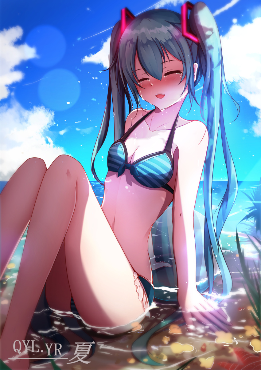 1girl absurdres arm_support artist_name beach bikini blue_hair breasts cleavage clouds cloudy_sky collarbone crying day eyebrows_visible_through_hair frilled_bikini_bottom hair_between_eyes hair_ornament hatsune_miku highres long_hair navel ocean open_mouth outdoors qingye_ling sky small_breasts smile solo striped striped_bikini swimsuit tears twintails very_long_hair vocaloid water wet