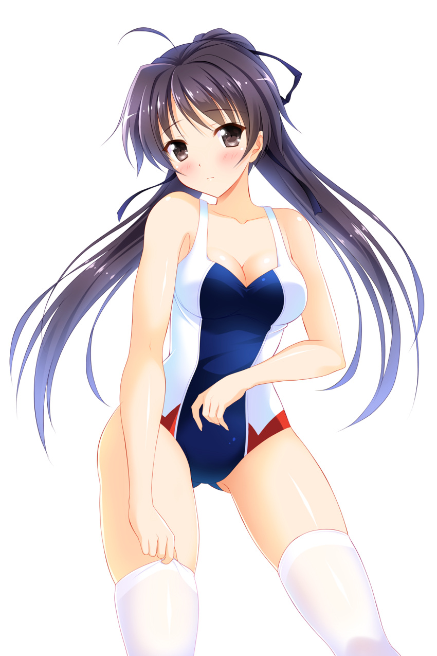 1girl ahoge bashen_chenyue black_eyes black_hair black_ribbon blush breasts cleavage closed_mouth eyebrows_visible_through_hair hair_ribbon highres large_breasts long_hair looking_at_viewer memories_off ribbon smile swimsuit thigh-highs twintails white_legwear