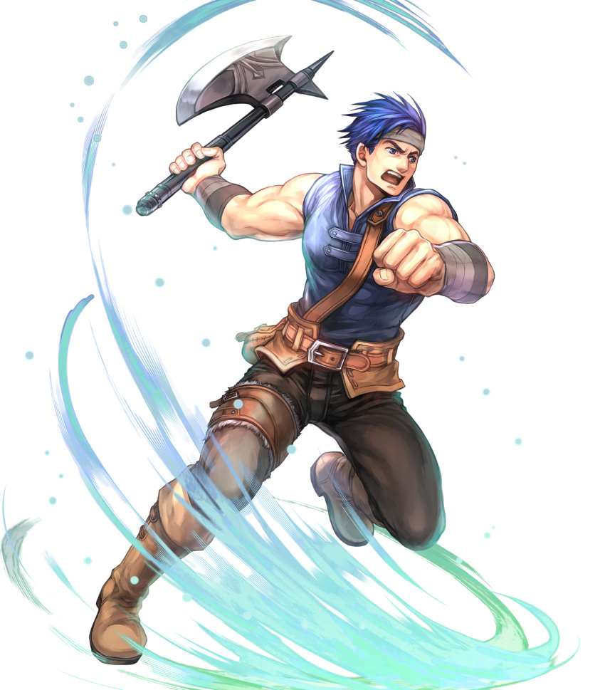 1boy axe bandage barst blue_eyes blue_hair boots fire_emblem fire_emblem:_mystery_of_the_emblem fire_emblem_heroes full_body headband highres male_focus official_art open_mouth solo transparent_background wada_sachiko weapon