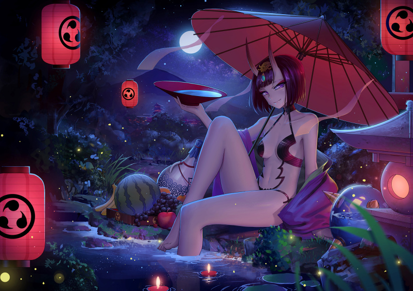 1girl alcohol apple architecture arm_support banana bangs bare_arms bare_legs bare_shoulders barefoot blunt_bangs blurry breasts bush candle closed_mouth collarbone commentary_request cup depth_of_field east_asian_architecture eyebrows_visible_through_hair fate/grand_order fate_(series) food fruit full_moon gem grapes grass headpiece highres hikimayu holding horns japanese_clothes kimono knee_up lantern light_particles lily_pad looking_at_viewer medium_breasts moon moonlight mountain navel night night_sky off_shoulder oni oni_horns open_clothes open_kimono oriental_umbrella outdoors paper_lantern parasol pond purple_hair purple_kimono red_umbrella revealing_clothes rock sakazuki sake shiny shiny_hair short_hair shuten_douji_(fate/grand_order) sitting sky smile soaking_feet solo star_(sky) starry_sky stone_lantern tianran_feicai tree umbrella violet_eyes watermelon