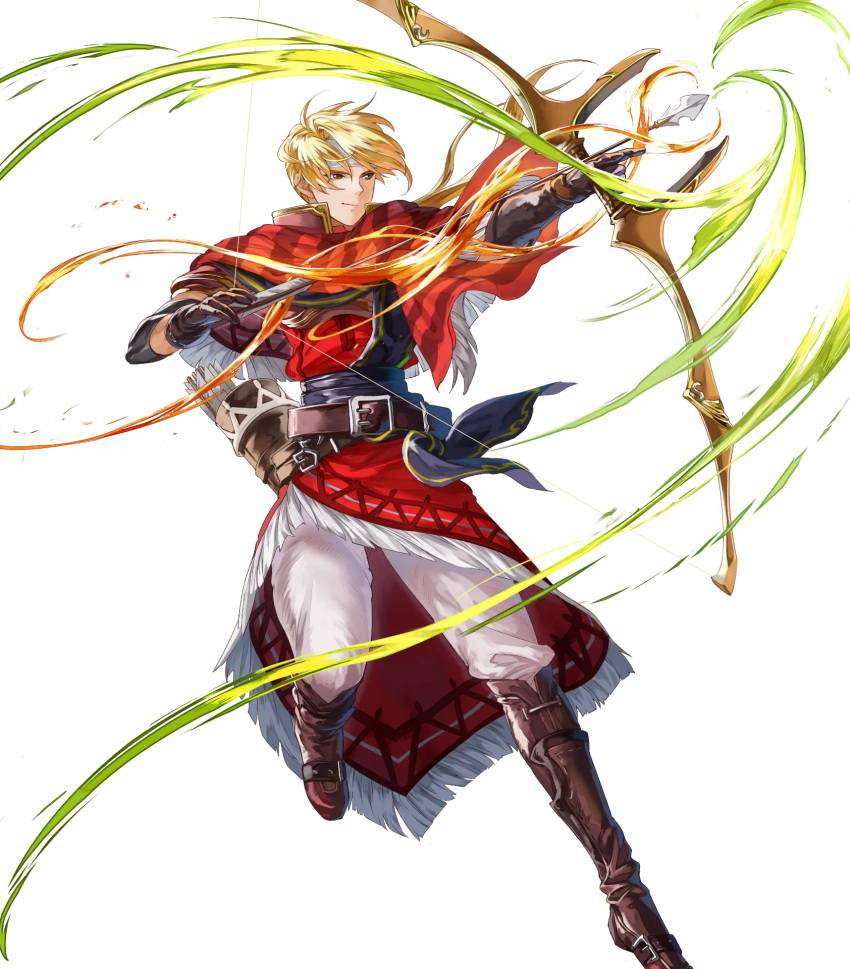 1boy arrow belt blonde_hair boots bow_(weapon) brown_eyes fire_emblem fire_emblem:_mystery_of_the_emblem fire_emblem_heroes full_body gloves headband highres jeorge_(fire_emblem) long_hair low_ponytail male_focus mayo_(becky2006) official_art quiver solo transparent_background weapon
