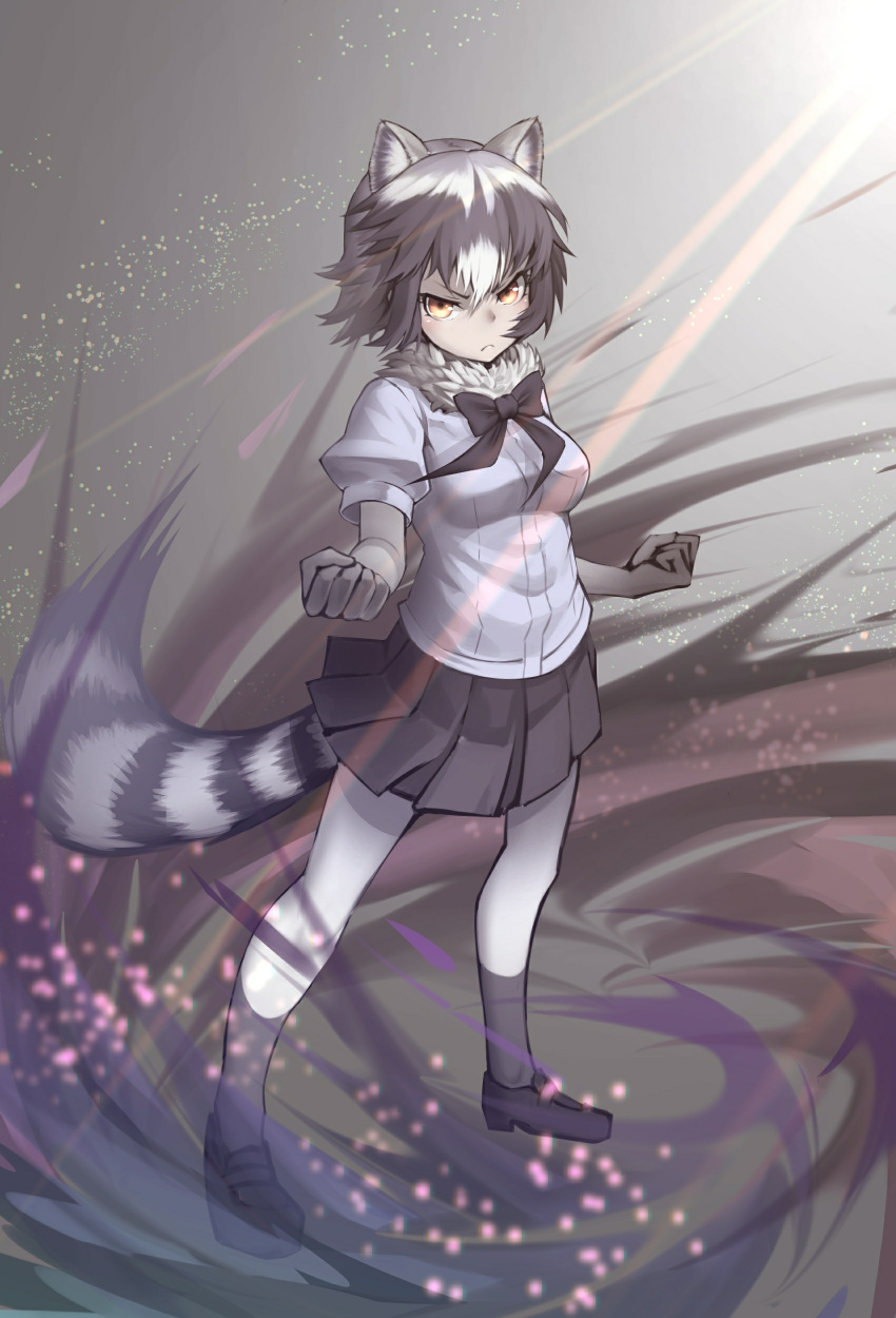 1girl absurdres animal_ears black_footwear black_gloves black_legwear black_neckwear black_skirt bow bowtie clenched_hands common_raccoon_(kemono_friends) full_body fur_trim gloves grey_hair highres kemono_friends looking_at_viewer miniskirt multicolored multicolored_clothes multicolored_hair multicolored_legwear pantyhose pleated_skirt raccoon_ears raccoon_tail short_hair short_sleeves skirt solo st.takuma standing tail white_hair white_legwear