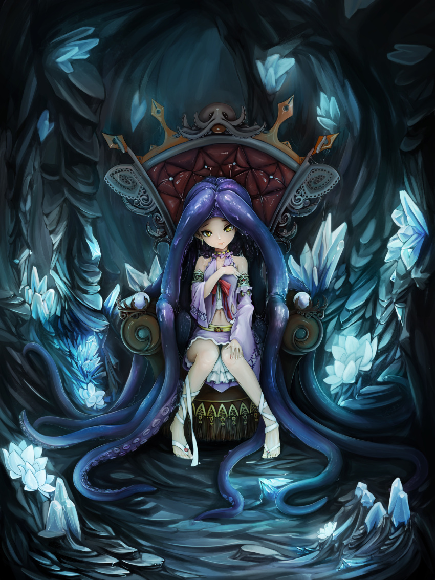 1girl absurdres bare_shoulders barefoot cave detached_sleeves diddms1999 earrings flat_chest full_body highres inside jewelry looking_at_viewer navel pointy_ears purple_hair purple_skirt sitting skirt smile solo tentacle_hair throne yellow_eyes