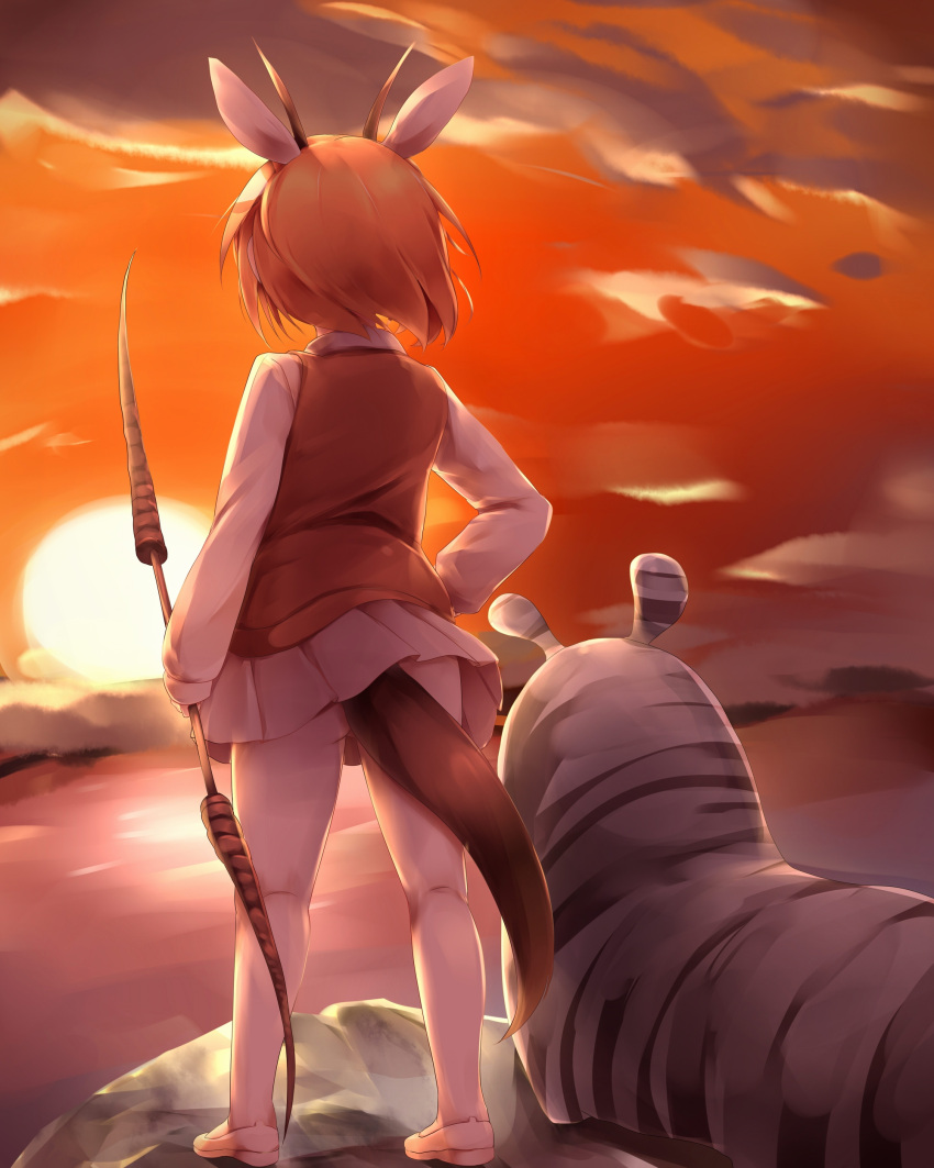 1girl absurdres blonde_hair clouds commentary_request day from_behind gazelle_ears gazelle_horns gazelle_tail hand_on_hip highres holding kanzakietc kemono_friends long_sleeves outdoors pantyhose savanna_striped_giant_slug_(kemono_friends) shirt shoes short_hair sky standing sun sunset sweater_vest thomson's_gazelle_(kemono_friends) white_legwear white_shirt wind