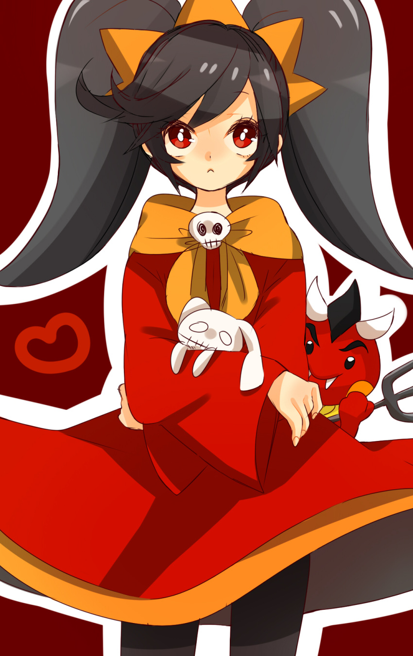 1girl ashley_(warioware) big_hair black_hair black_legwear closed_mouth commentary_request cowboy_shot demon dress fangs hairband heart highres holding holding_stuffed_animal long_hair long_sleeves looking_up neckerchief orange_hairband orange_neckerchief outline pantyhose papeko pitchfork red_(warioware) red_background red_dress red_eyes simple_background sketch skull standing stuffed_animal stuffed_bunny stuffed_toy twintails warioware white_outline