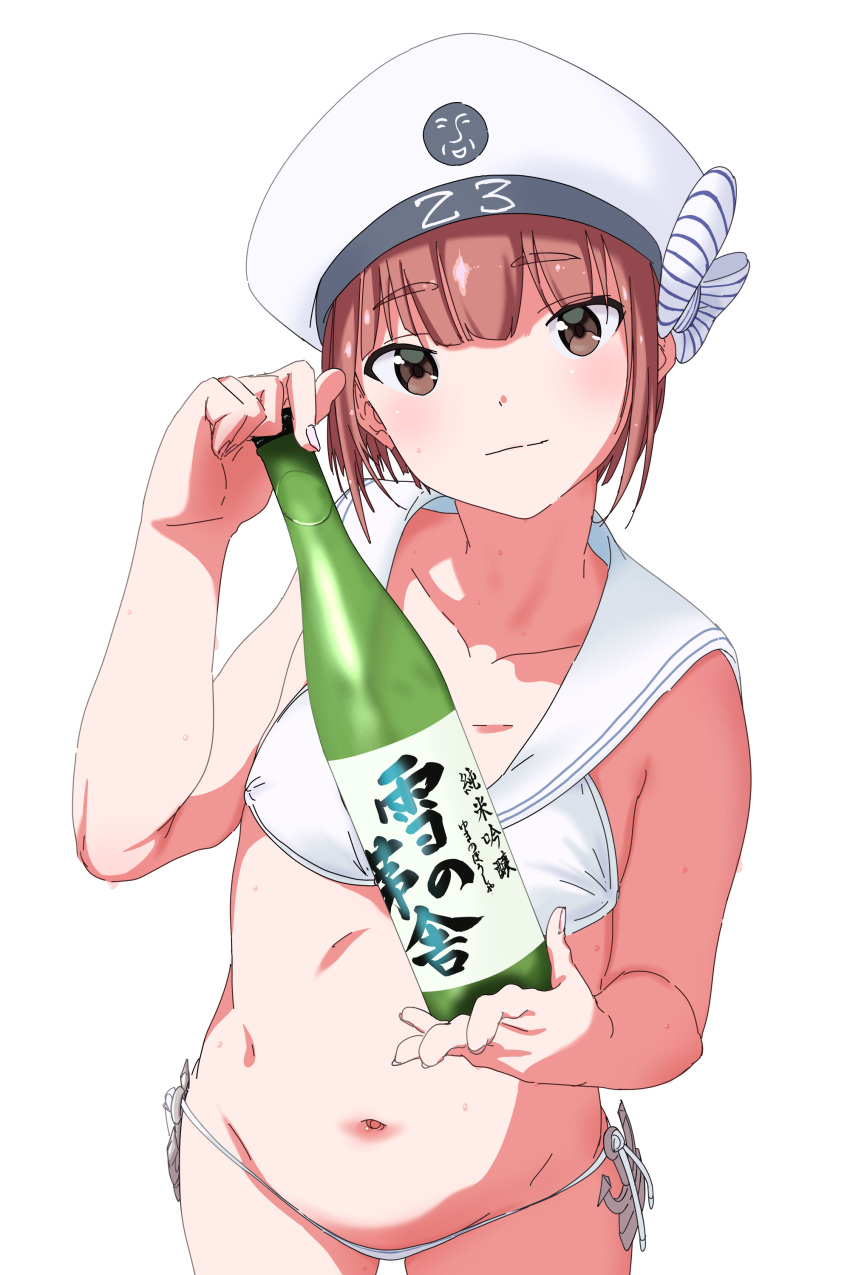 1girl absurdres anchor bikini bottle bouen brown_eyes brown_hair closed_mouth collarbone cowboy_shot day expressive_clothes eyebrows_visible_through_hair flat_chest groin hat highres kantai_collection light_smile looking_at_viewer navel sailor_bikini sailor_collar sake_bottle short_hair side-tie_bikini simple_background solo sweat swimsuit white_background white_bikini white_hat z3_max_schultz_(kantai_collection)