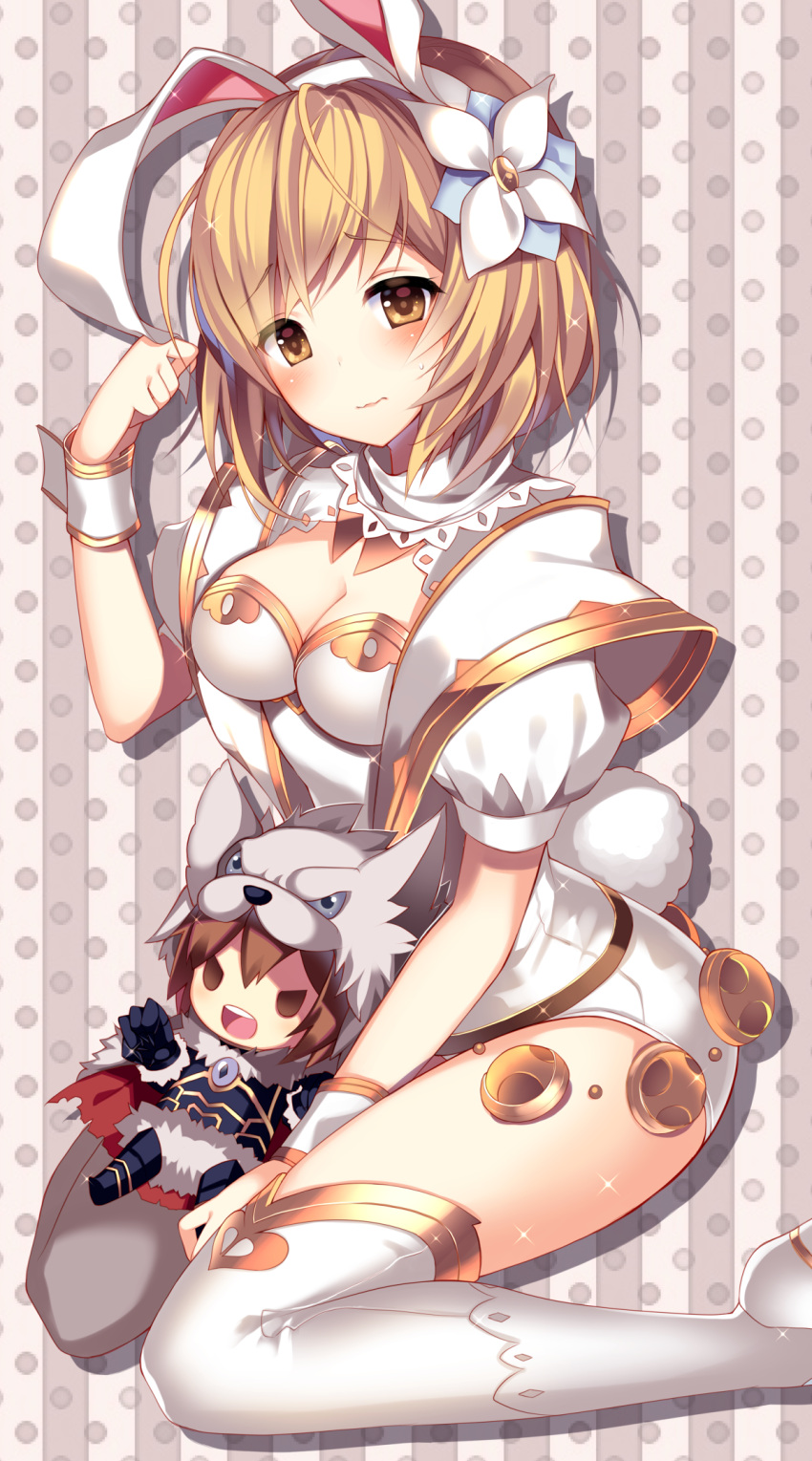 1girl :d animal_ears armor berserker_(granblue_fantasy) blonde_hair blush boots breasts brown_eyes brown_hair bunny_tail cape character_doll closed_mouth djeeta_(granblue_fantasy) fake_animal_ears from_side fur_collar granblue_fantasy head_tilt high_heels highres homarerererere leotard medium_breasts open_mouth rabbit_ears red_cape sage_(granblue_fantasy) short_hair silhouette sitting smile sparkle striped tail thigh-highs thigh_boots vertical-striped_background vertical_stripes wariza wavy_mouth white_boots white_leotard wolf_hat wrist_cuffs