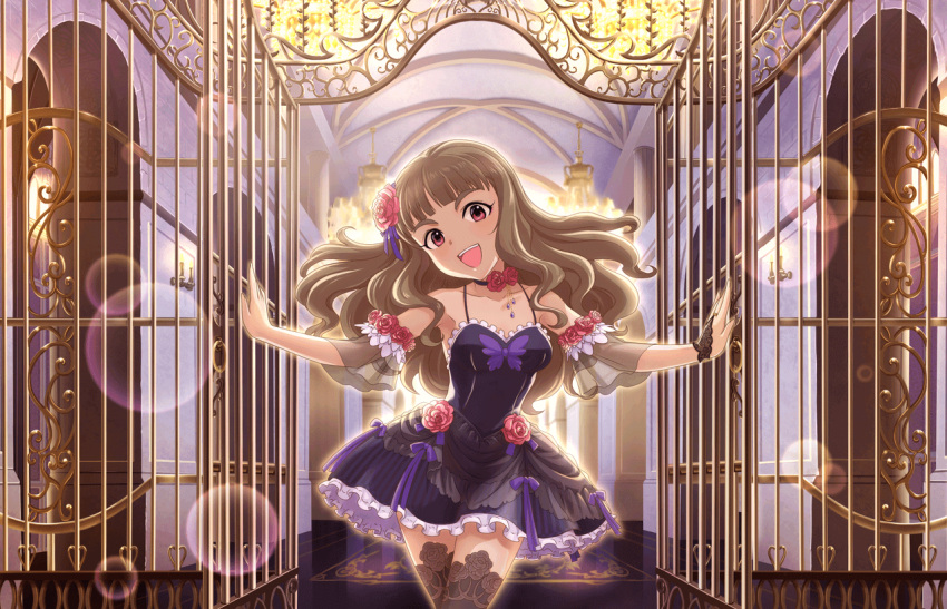 1girl :d armpits bangs bare_shoulders black_legwear blunt_bangs border bow brown_hair choker cowboy_shot detached_sleeves dress eyebrows eyeshadow flower frilled_dress frills hair_flower hair_ornament head_tilt idolmaster idolmaster_cinderella_girls idolmaster_cinderella_girls_starlight_stage jewelry jpeg_artifacts kamiya_nao legs_crossed lolita_fashion long_hair looking_at_viewer makeup official_art open_mouth outstretched_arms red_eyes ribbon rose see-through short_dress smile solo spread_arms standing star thigh-highs wavy_hair zettai_ryouiki