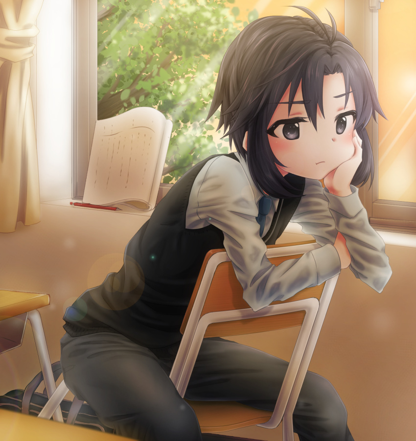 1girl :t antenna_hair ayumi_(as0206) bag black_eyes black_hair blue_necktie desk hand_on_own_cheek highres idolmaster kikuchi_makoto mechanical_pencil necktie pencil school_bag school_chair school_desk script short_hair sitting solo