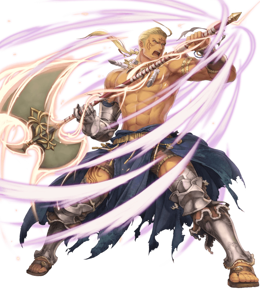 1boy abs ahoge axe blonde_hair bracelet dark_skin facial_mark facial_tattoo feathers fire_emblem fire_emblem:_rekka_no_ken fire_emblem_heroes full_body gloves haccan hawkeye_(fire_emblem) highres holding_axe huge_weapon jewelry long_hair low_ponytail male_focus manly markings muscle necklace official_art open_mouth orange_eyes pectorals ponytail sandals serious shirtless solo tattoo teeth toeless_legwear toes transparent_background weapon