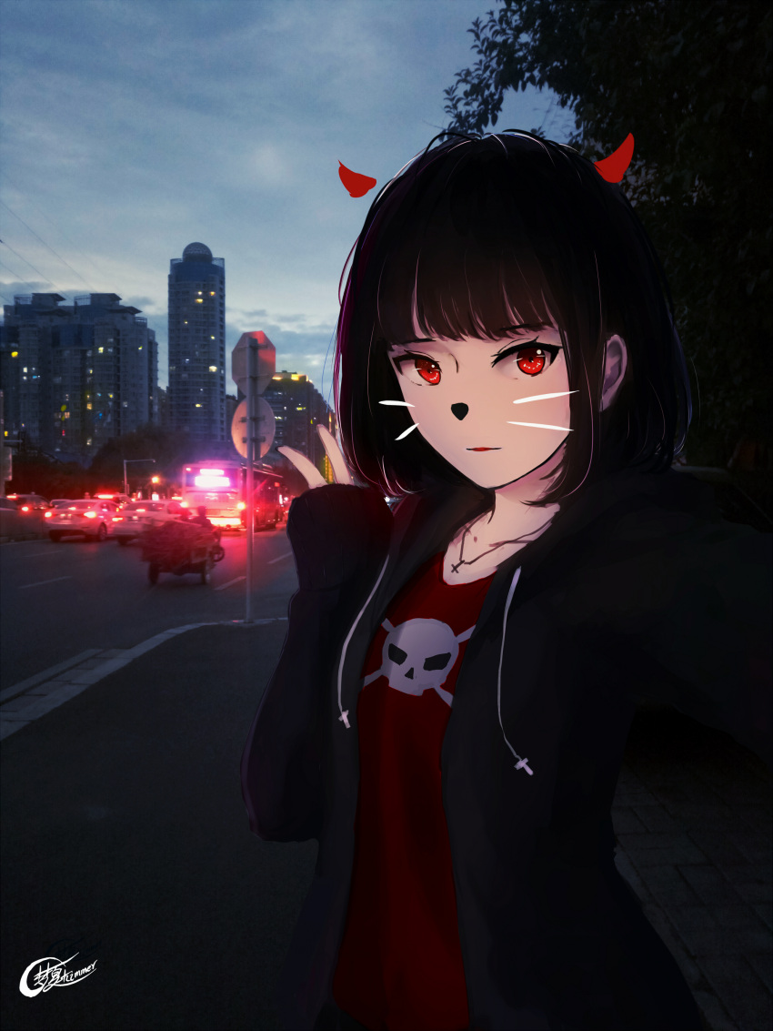 1girl absurdres bangs black_hair blunt_bangs car city demon_horns ground_vehicle highres hood hoodie horns looking_at_viewer morning motor_vehicle open_clothes open_hoodie original parted_lips photo_background red_eyes self_shot short_hair shy_(953416992) signature skull_and_crossbones sleeves_past_wrists solo v whiskers
